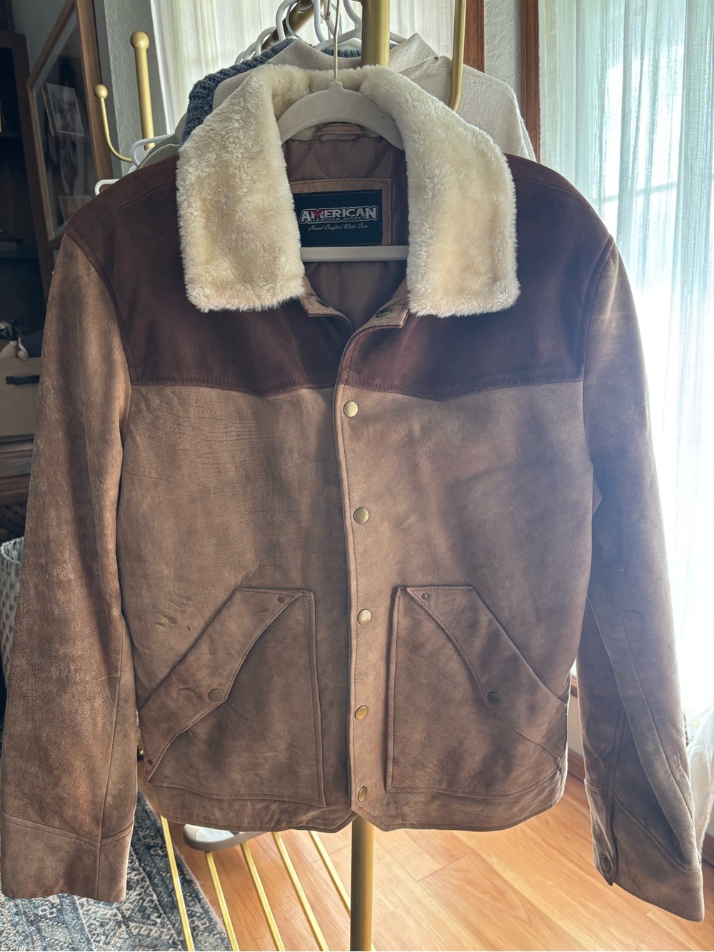 American Leather: Brown Faux-Shearling Collar Suede Jacket